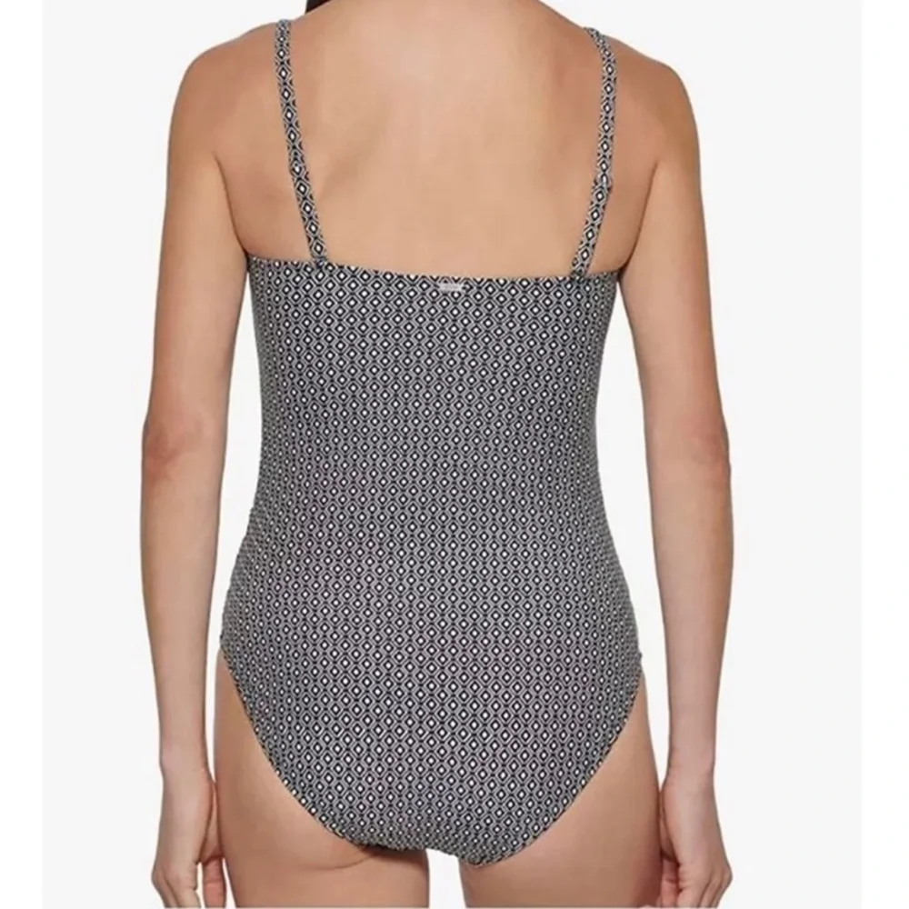 DKNY NWT Women's One Piece Swimsuit Bandeau Maillot Black White Geo Small - Picture 2 of 12